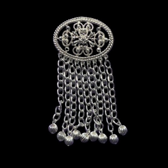 SARAH COVENTRY Signed Fringe Chain Dangle Brooch Silver Tone Pin - Picture 1 of 7